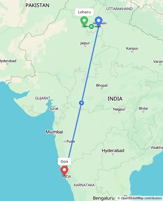 Route map showing distance and travel time from Loharu, India to Goa, India