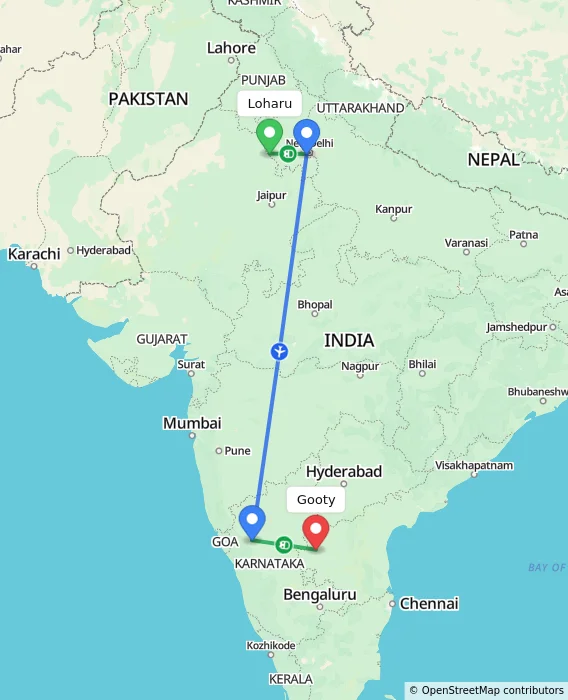 Route map showing distance and travel time from Loharu, India to Gooty, India