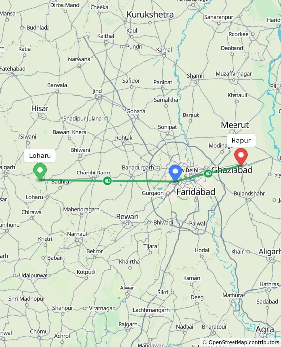 Route map showing distance and travel time from Loharu, India to Hapur, India