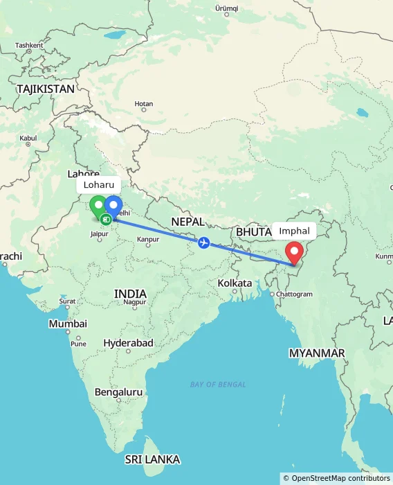 Route map showing distance and travel time from Loharu, India to Imphal, India