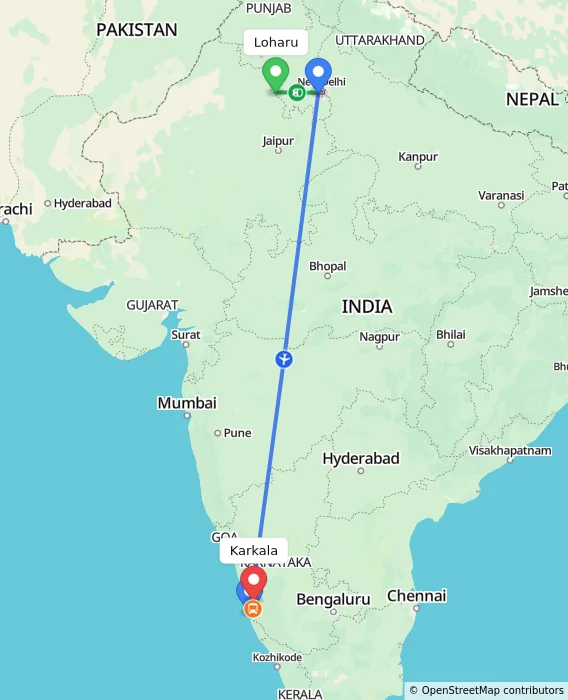 Route map showing distance and travel time from Loharu, India to Karkala, India
