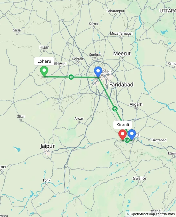 Route map showing distance and travel time from Loharu, India to Kiraoli, India
