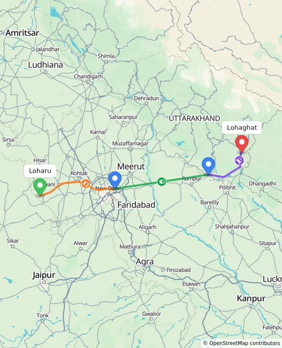 Route map showing distance and travel time from Loharu, India to Lohaghat, India