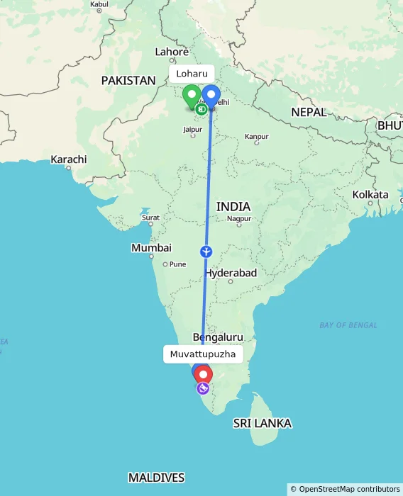 Route map showing distance and travel time from Loharu, India to Muvattupuzha, India