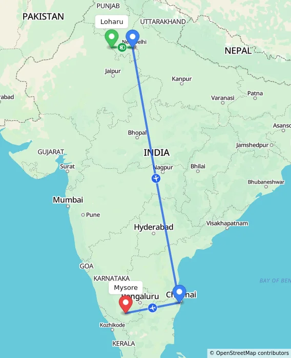 Route map showing distance and travel time from Loharu, India to Mysore, India