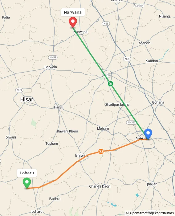 Route map showing distance and travel time from Loharu, India to Narwana, India