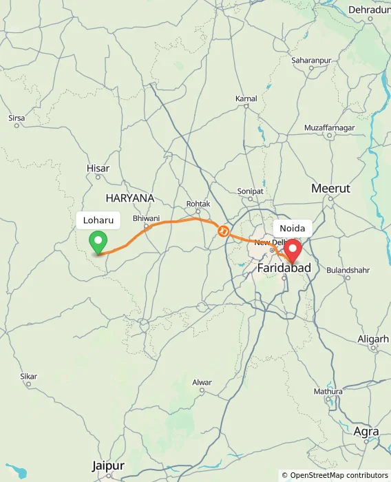 Route map showing distance and travel time from Loharu, India to Noida, India