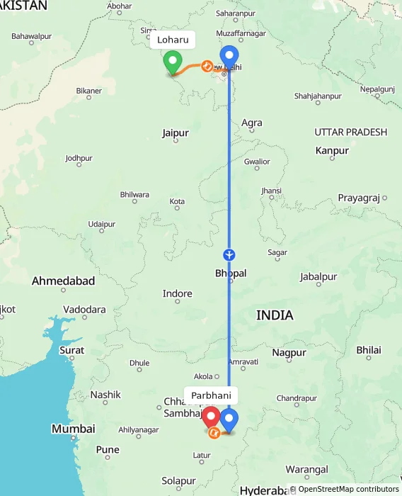Route map showing distance and travel time from Loharu, India to Parbhani, India