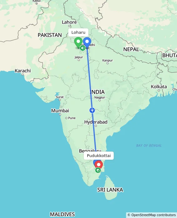 Route map showing distance and travel time from Loharu, India to Pudukkottai, India