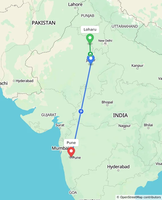 Route map showing distance and travel time from Loharu, India to Pune, India