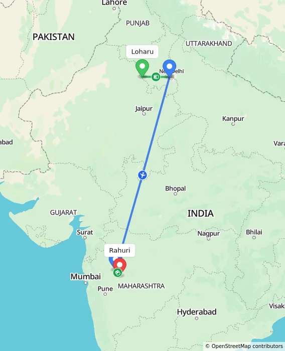 Route map showing distance and travel time from Loharu, India to Rahuri, India