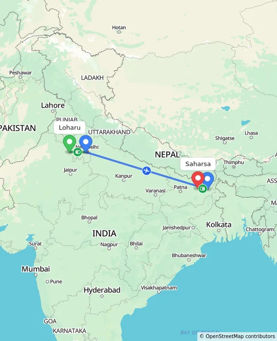 Route map showing distance and travel time from Loharu, India to Saharsa, India
