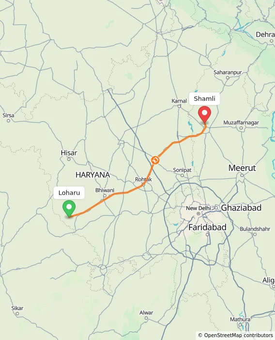 Route map showing distance and travel time from Loharu, India to Shamli, India