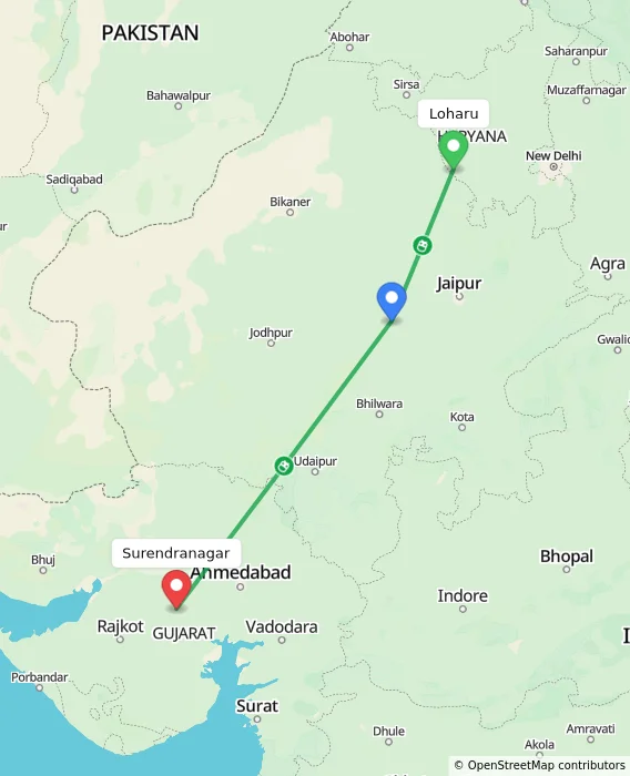 Route map showing distance and travel time from Loharu, India to Surendranagar, India
