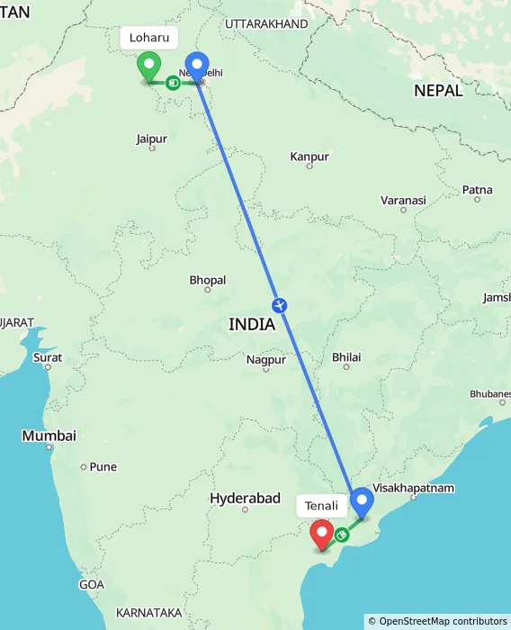 Route map showing distance and travel time from Loharu, India to Tenali, India