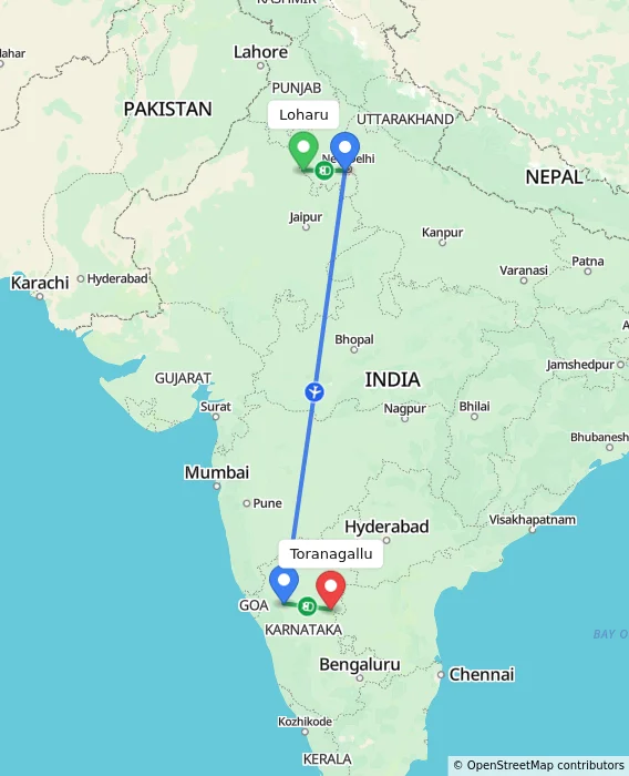 Route map showing distance and travel time from Loharu, India to Toranagallu, India