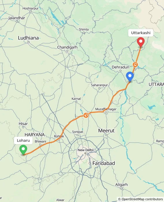 Route map showing distance and travel time from Loharu, India to Uttarkashi, India