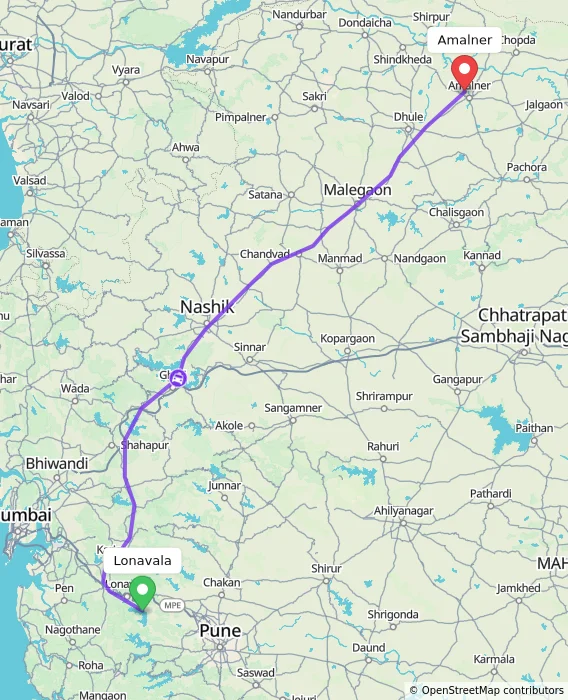 Route map showing distance and travel time from Lonavala, India to Amalner, India