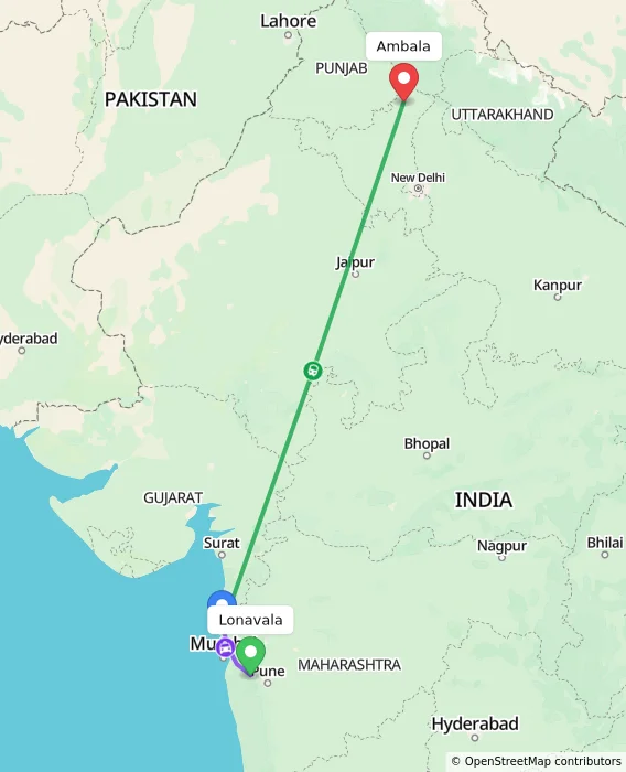Route map showing distance and travel time from Lonavala, India to Ambala, India