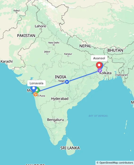 Route map showing distance and travel time from Lonavala, India to Asansol, India