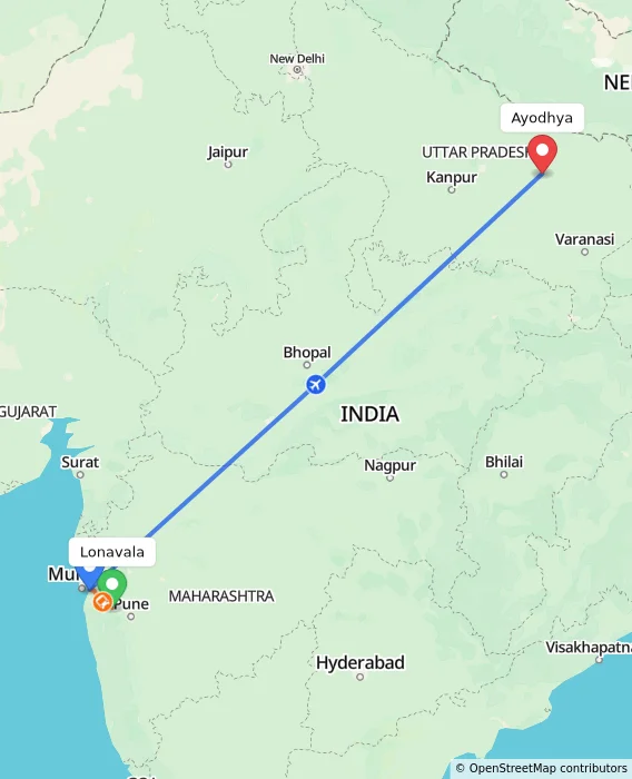 Route map showing distance and travel time from Lonavala, India to Ayodhya, India