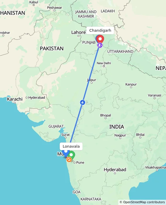 Route map showing distance and travel time from Lonavala, India to Chandigarh, India