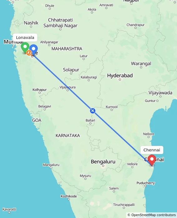 Route map showing distance and travel time from Lonavala, India to Chennai, India