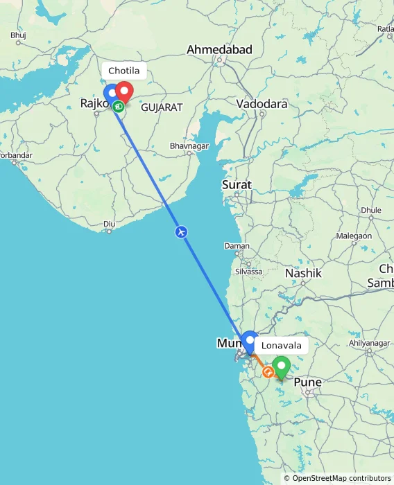 Route map showing distance and travel time from Lonavala, India to Chotila, India