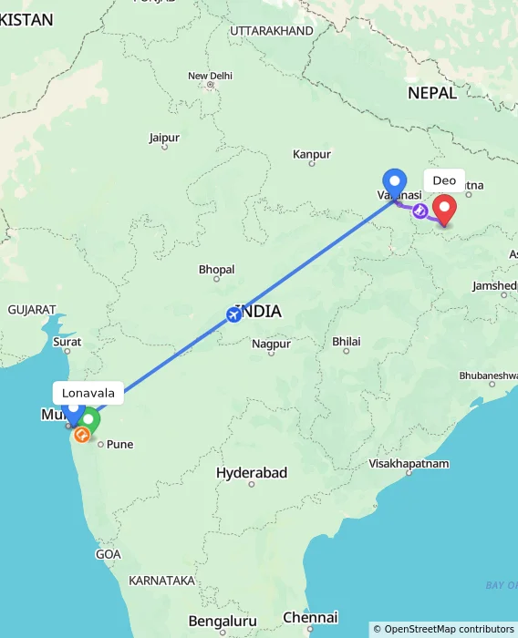 Route map showing distance and travel time from Lonavala, India to Deo, India