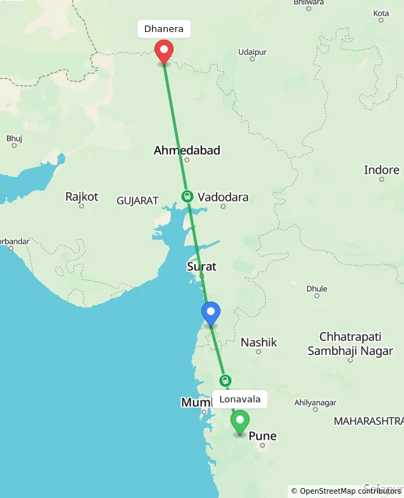 Route map showing distance and travel time from Lonavala, India to Dhanera, India