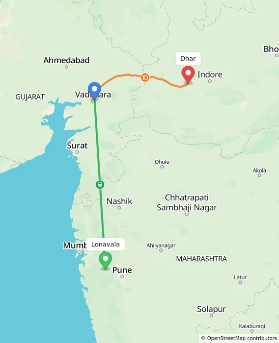 Route map showing distance and travel time from Lonavala, India to Dhar, India