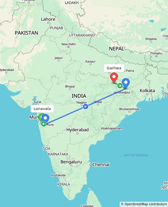 Route map showing distance and travel time from Lonavala, India to Garhwa, India