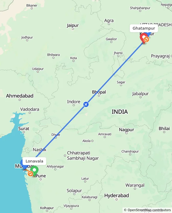 Route map showing distance and travel time from Lonavala, India to Ghatampur, India