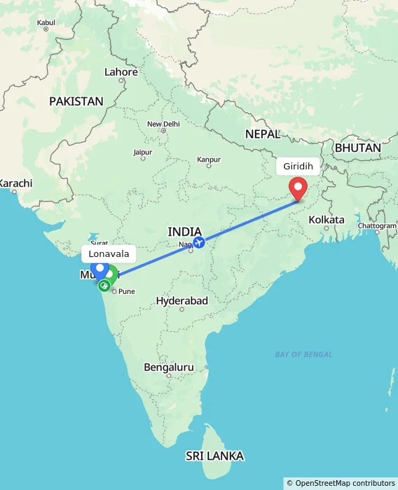 Route map showing distance and travel time from Lonavala, India to Giridih, India