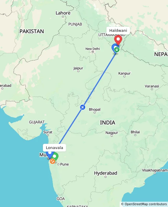 Route map showing distance and travel time from Lonavala, India to Haldwani, India