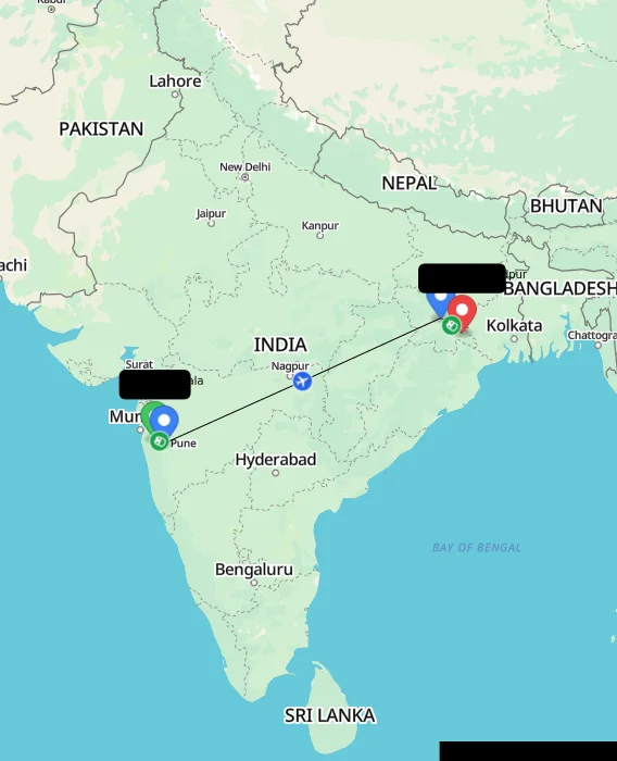 Route map showing distance and travel time from Lonavala, India to Jamshedpur, India