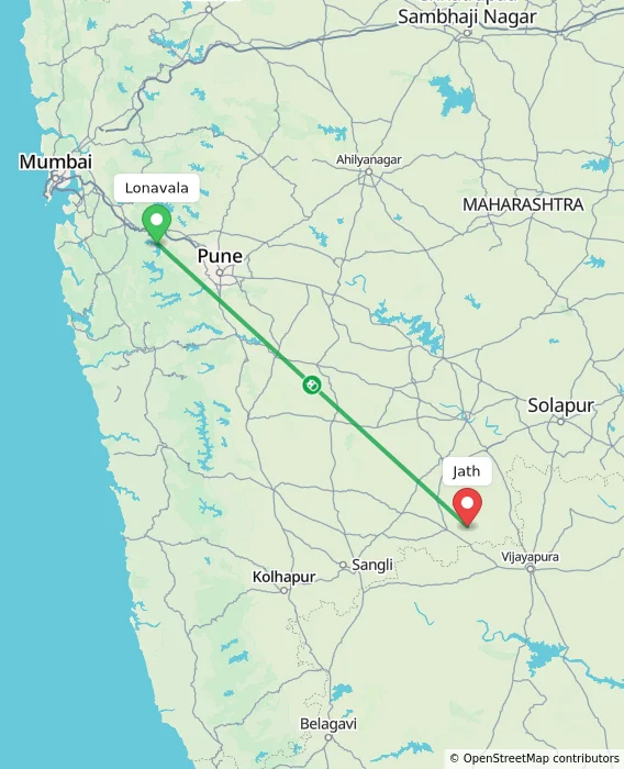 Route map showing distance and travel time from Lonavala, India to Jath, India