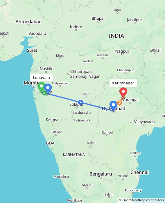Route map showing distance and travel time from Lonavala, India to Karimnagar, India