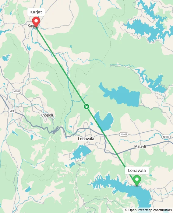 Route map showing distance and travel time from Lonavala, India to Karjat, India