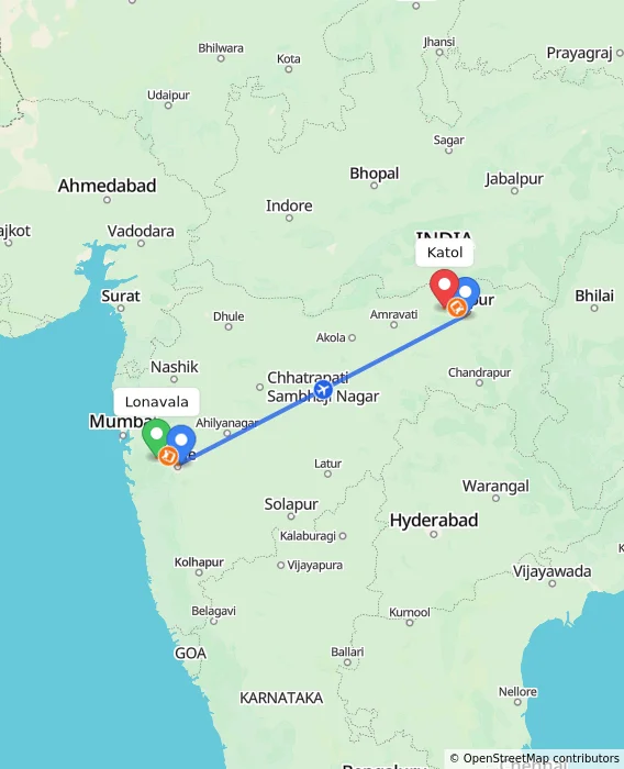 Route map showing distance and travel time from Lonavala, India to Katol, India