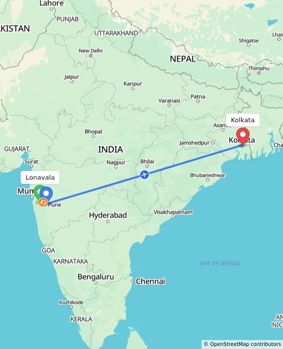 Route map showing distance and travel time from Lonavala, India to Kolkata, India