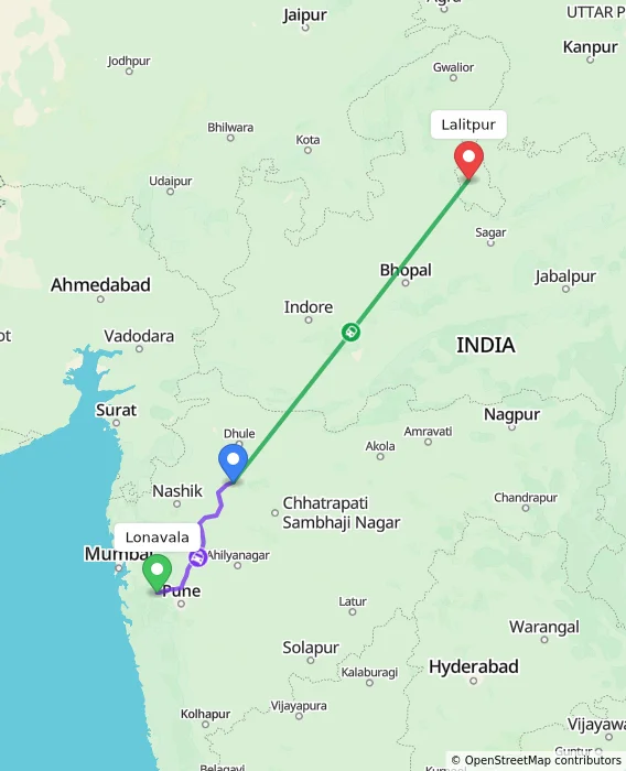 Route map showing distance and travel time from Lonavala, India to Lalitpur, India