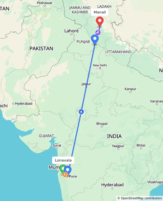 Route map showing distance and travel time from Lonavala, India to Manali, India