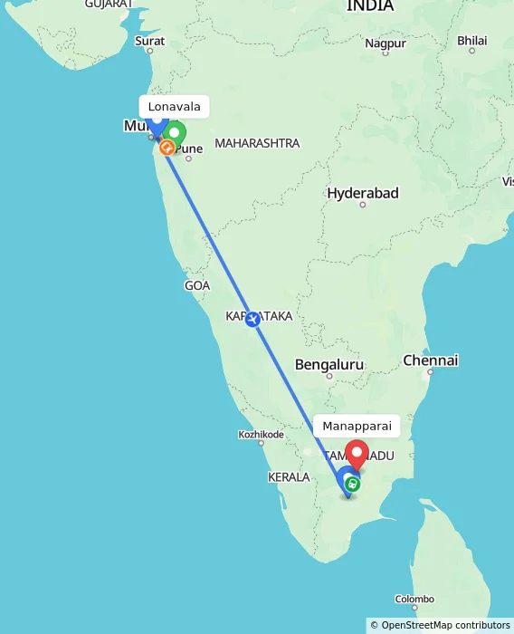 Route map showing distance and travel time from Lonavala, India to Manapparai, India
