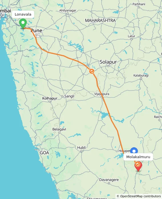 Route map showing distance and travel time from Lonavala, India to Molakalmuru, India