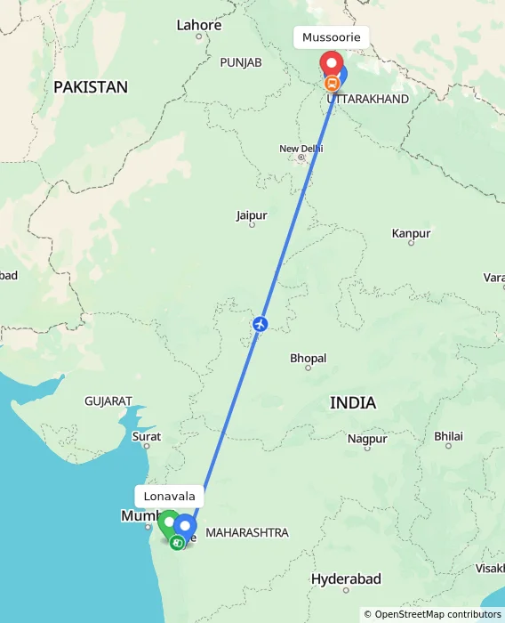 Route map showing distance and travel time from Lonavala, India to Mussoorie, India