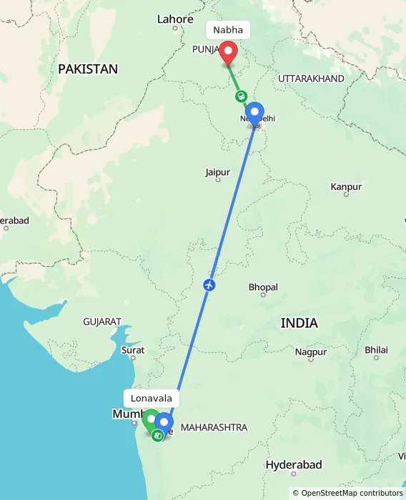 Route map showing distance and travel time from Lonavala, India to Nabha, India