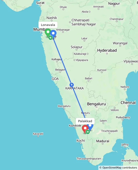 Route map showing distance and travel time from Lonavala, India to Palakkad, India