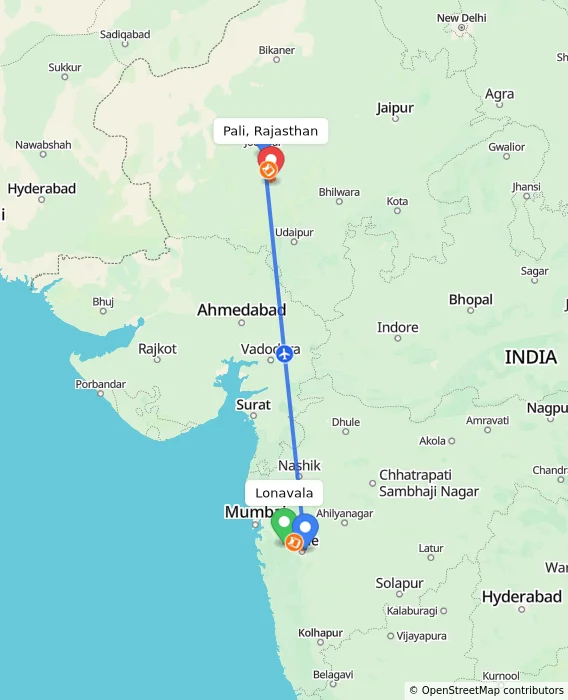 Route map showing distance and travel time from Lonavala, India to Pali, Rajasthan, India