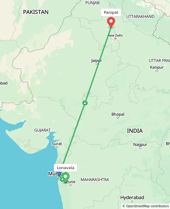 Route map showing distance and travel time from Lonavala, India to Panipat, India